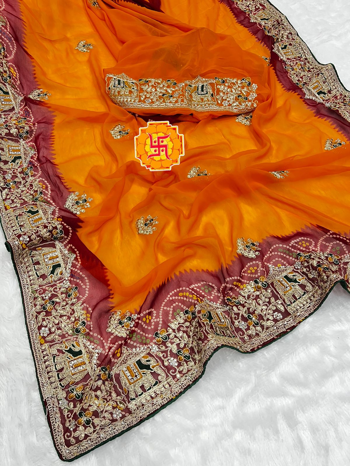 Heavy Georgette Bandhej Saree with Diamond Thread Work & Palkhi C-Pallu Design