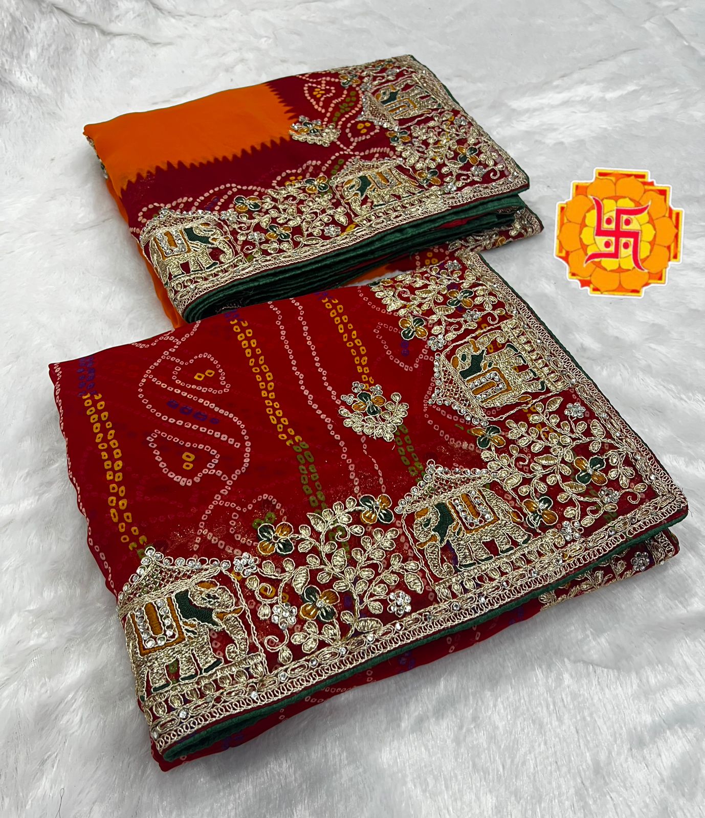 Heavy Georgette Bandhej Saree with Diamond Thread Work & Palkhi C-Pallu Design