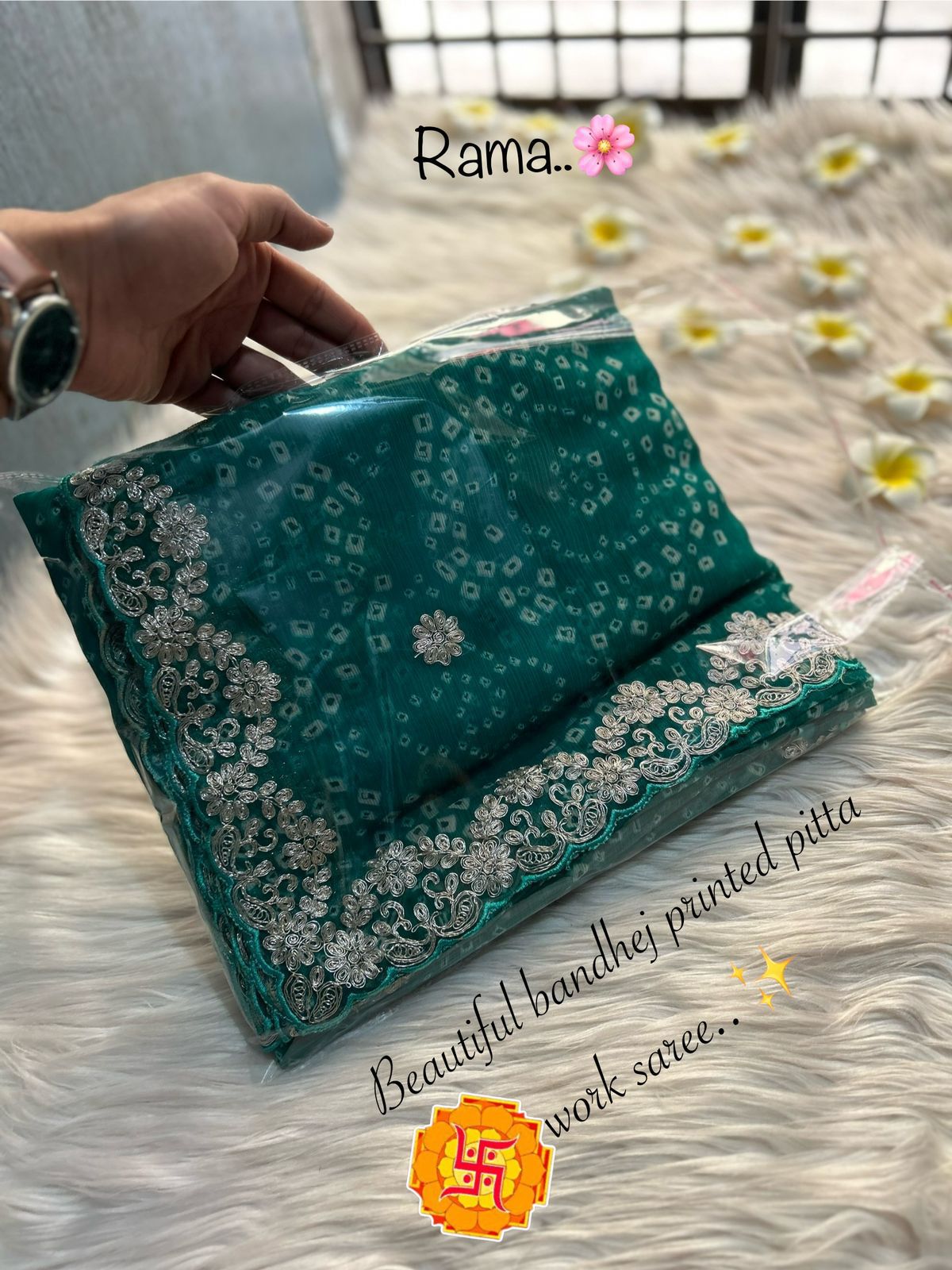 Beautiful Bandhej Pitta Work Saree in Soft Chiffon Georgette with Heavy Banglori Blouse
