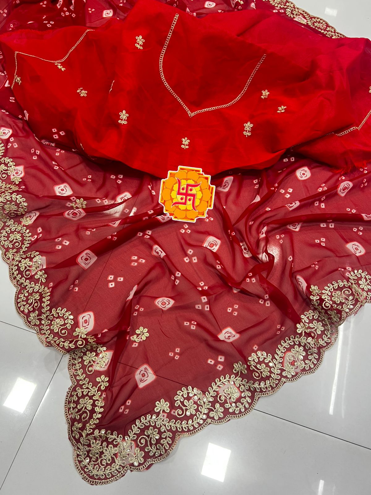 Pure Georgette Leheriya Saree with Original Pita Work & Cutwork Border | Banglori Silk Blouse