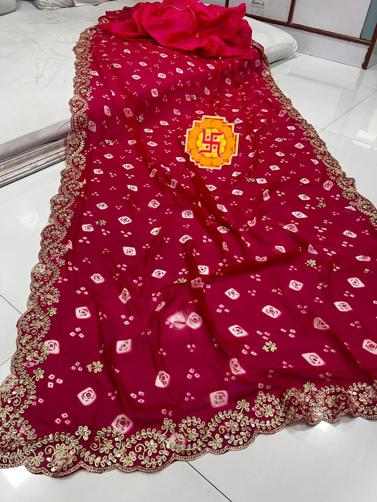 Pure Georgette Leheriya Saree with Original Pita Work & Cutwork Border | Banglori Silk Blouse