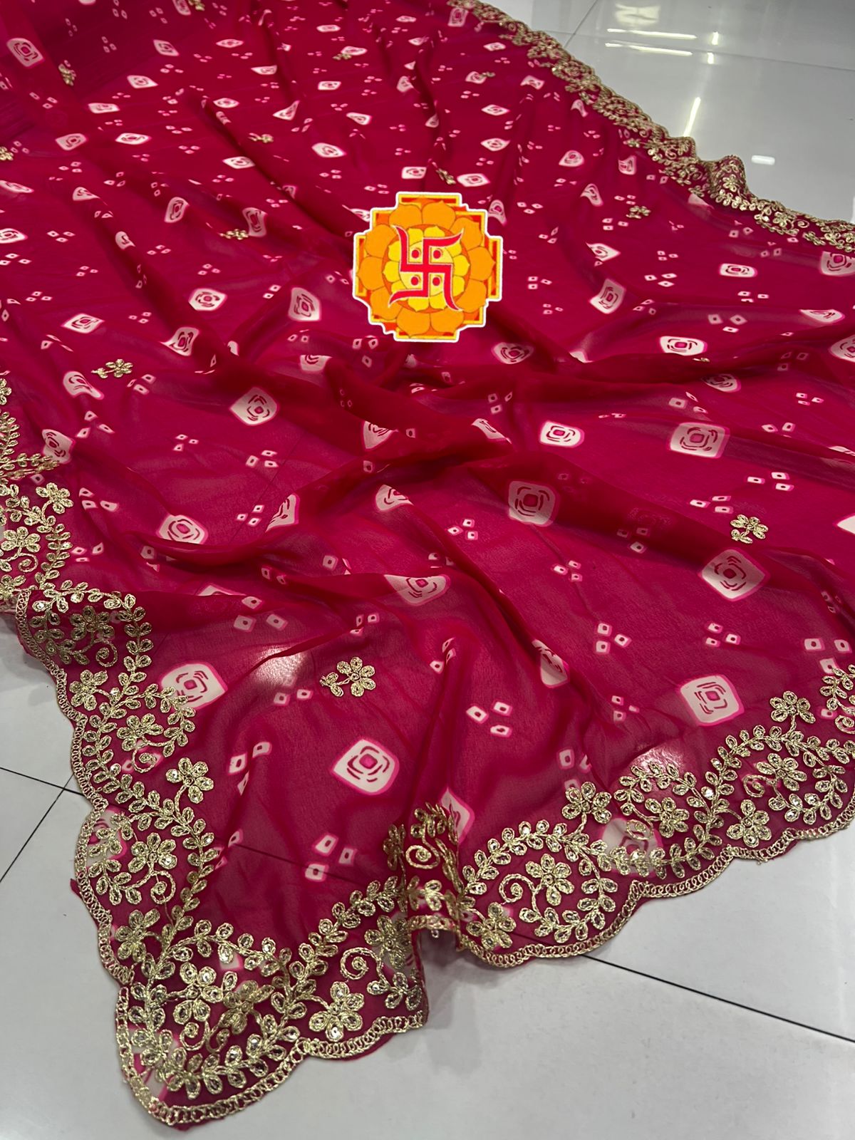 Pure Georgette Leheriya Saree with Original Pita Work & Cutwork Border | Banglori Silk Blouse