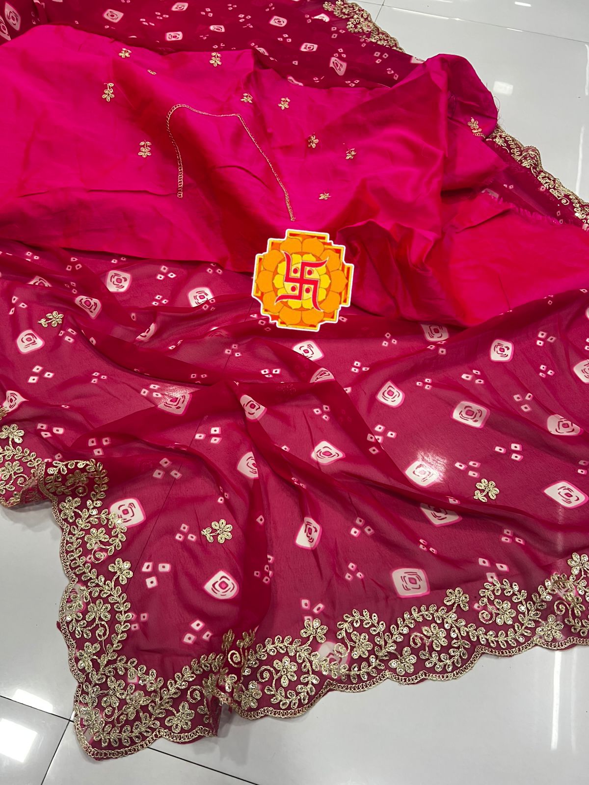Pure Georgette Leheriya Saree with Original Pita Work & Cutwork Border | Banglori Silk Blouse