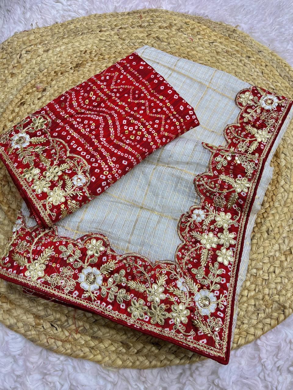 Soft White Kota Doria Gota Patti Saree with Bandhej Design & Sequins Lace | Bandhej Blouse Included