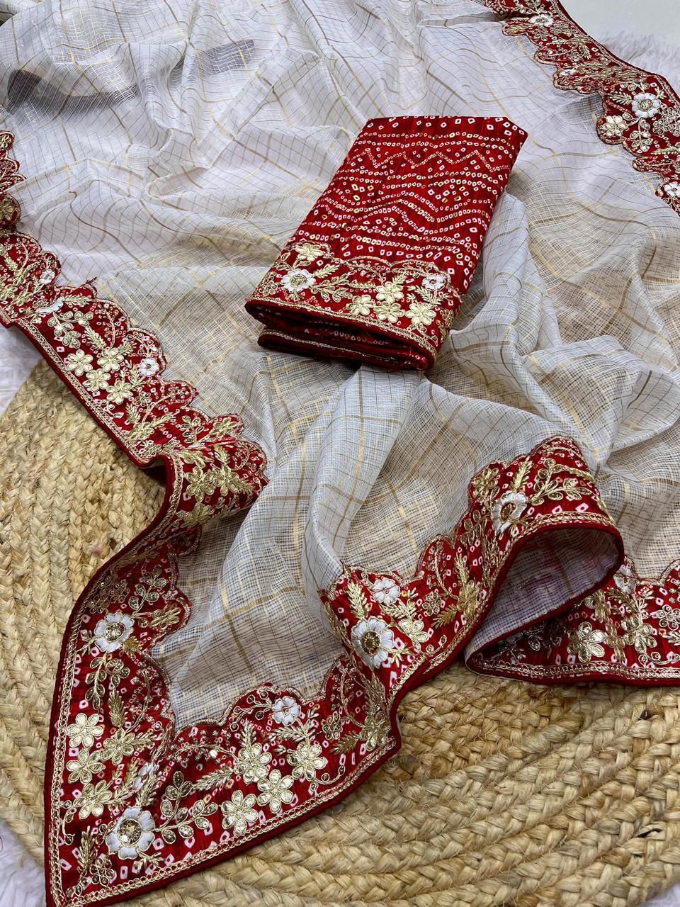 Soft White Kota Doria Gota Patti Saree with Bandhej Design & Sequins Lace | Bandhej Blouse Included