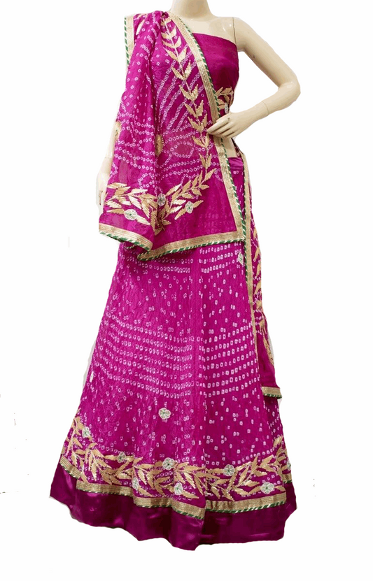 Beautiful Pink Silk Bandhani Hand Gota Work Lehenga with Silk bandhani Dupatta - KANHASAREE