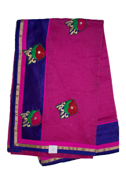 Pink color Supernet saree with applique work and fancy border - KANHASAREE