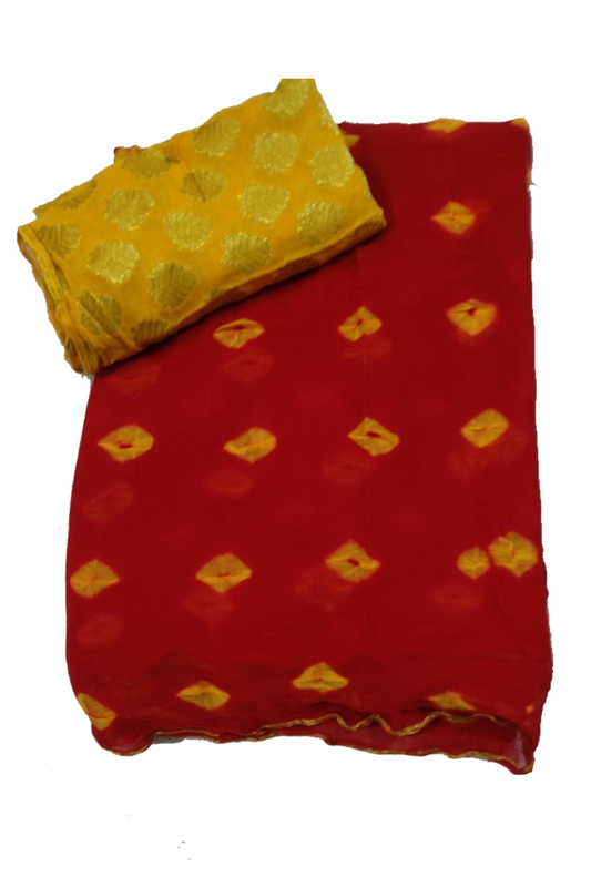 Red Chiffon Bandhani Saree with Brocade Blouse - KANHASAREE