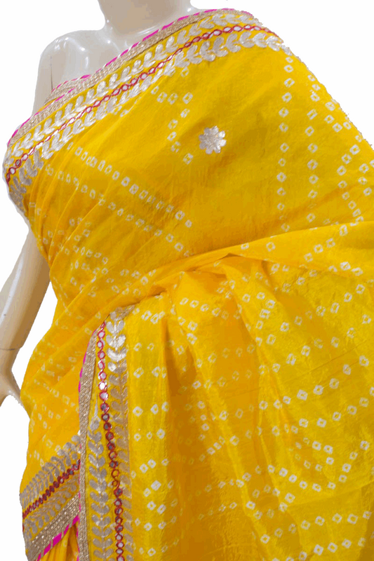 Beautiful Tafetta Silk Bandhani Saree with Gota Work - Kanhasarees by ksds