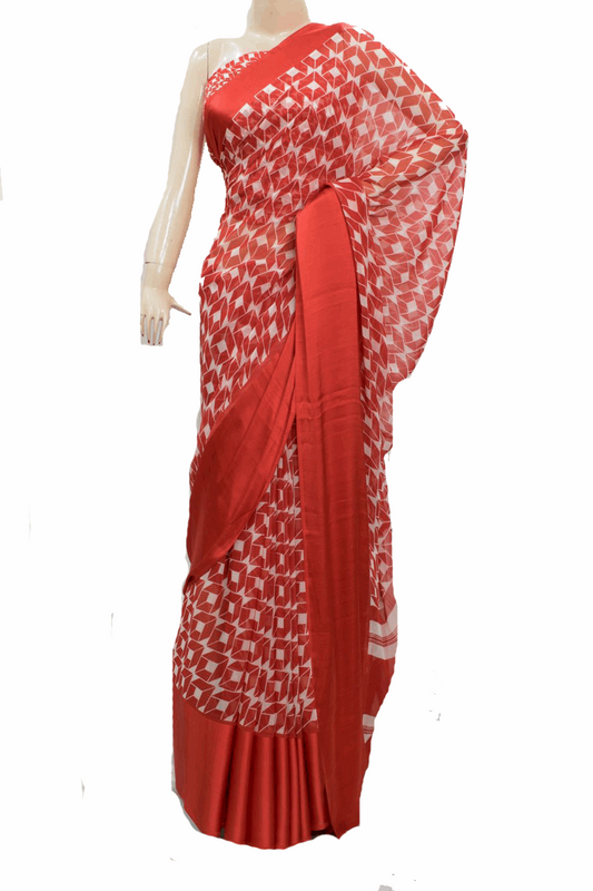 Beautiful Red Georgette printed Saree with Satin border - KANHASAREE