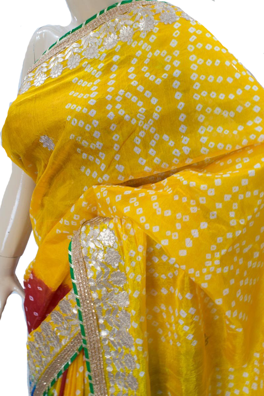 Yellow Bandhani Tafetta Silk Saree with Gota Work - Kanhasarees by ksds