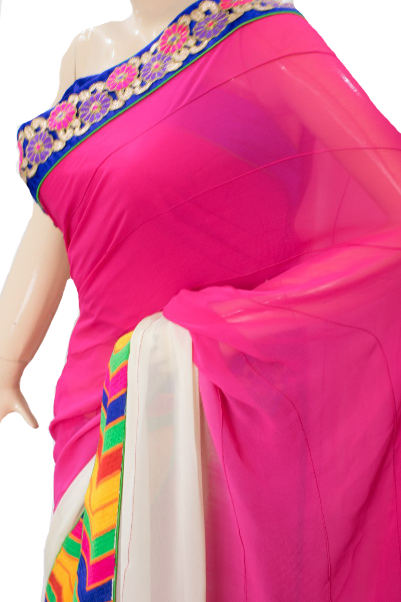 Pure Georgette Double Shaded Saree with Double Border, Katha Work, embroidery zari work and Anchor Weaving lines all over the saree - KANHASAREE