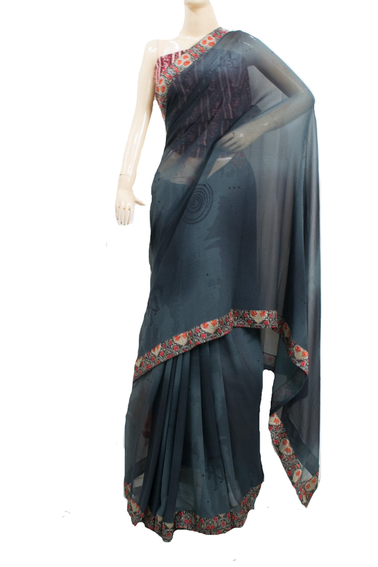 Georgette Grey Casual Wear Printed Saree with Printed border - KANHASAREE