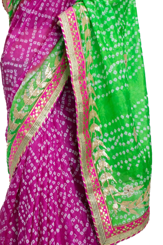 Pink Green Taffeta Silk Bandhani Saree with Gota Work Border - Kanhasarees by ksds