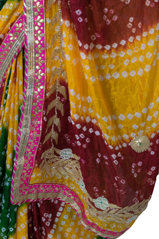 Yellow Green Red Taffeta Silk Bandhani Saree with Gota Work Border - Kanhasarees by ksds
