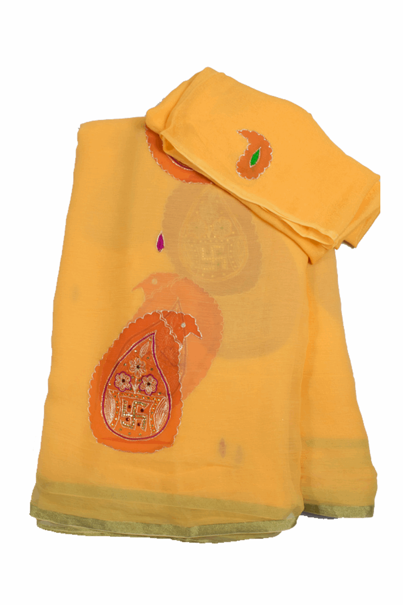 Beautiful Pure Chiffon Zari and thread work Hand Tie-Die batik Print Saree - KANHASAREE