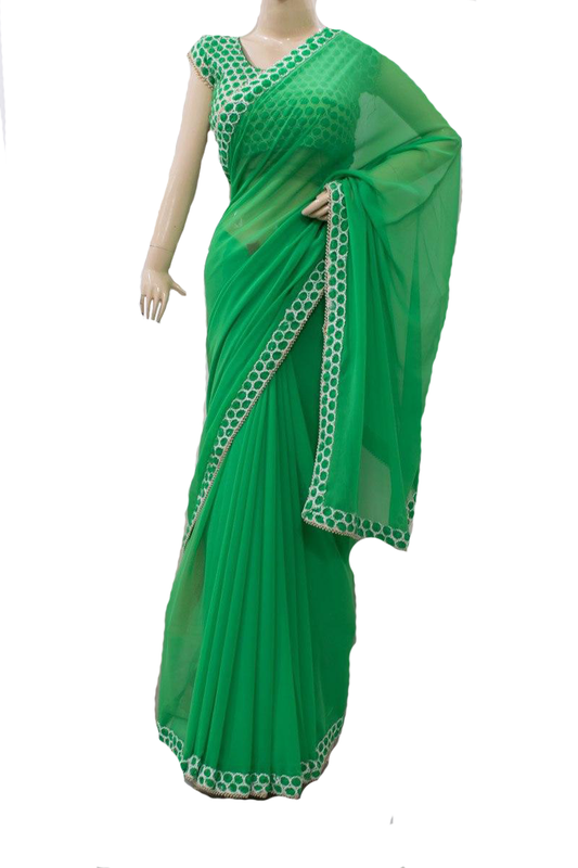 Green Georgette Saree with Flower and Pearl work Border - KANHASAREE