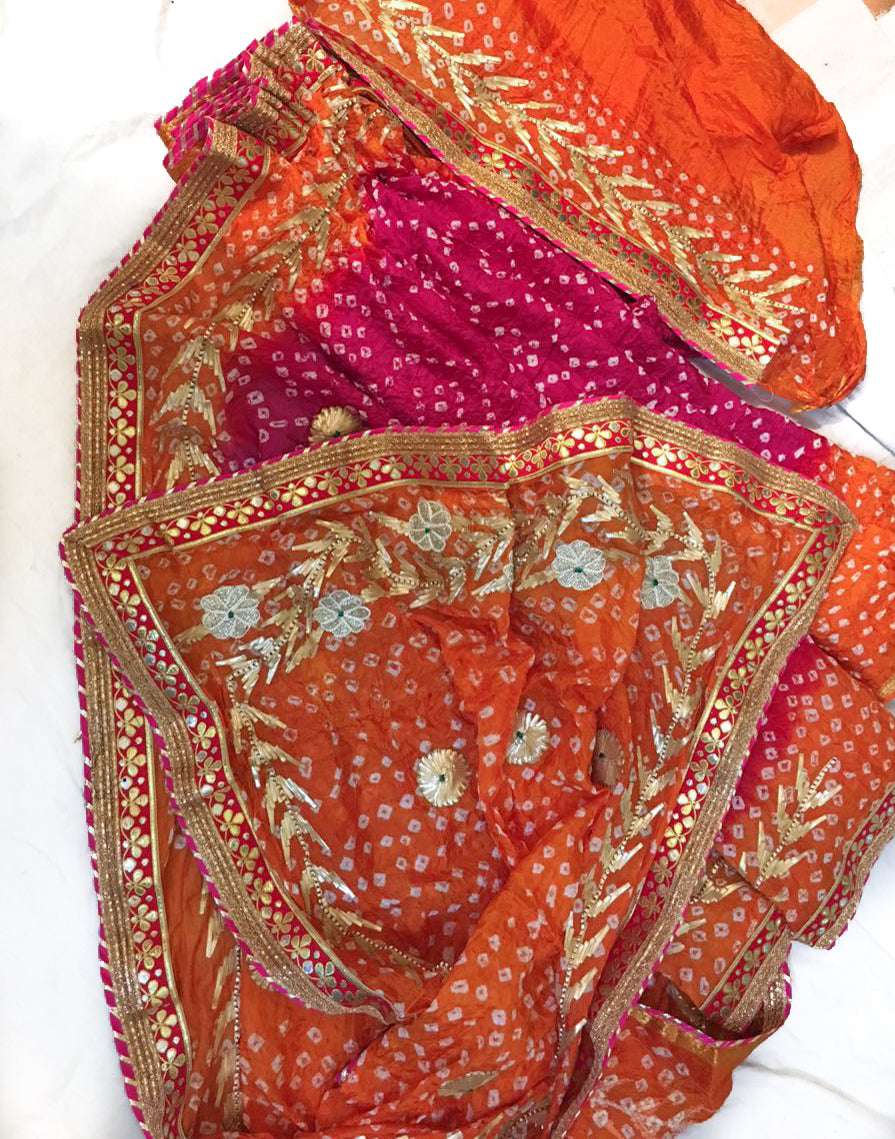 Taffeta Silk Bandhani Saree with Gota Work - KANHASAREE