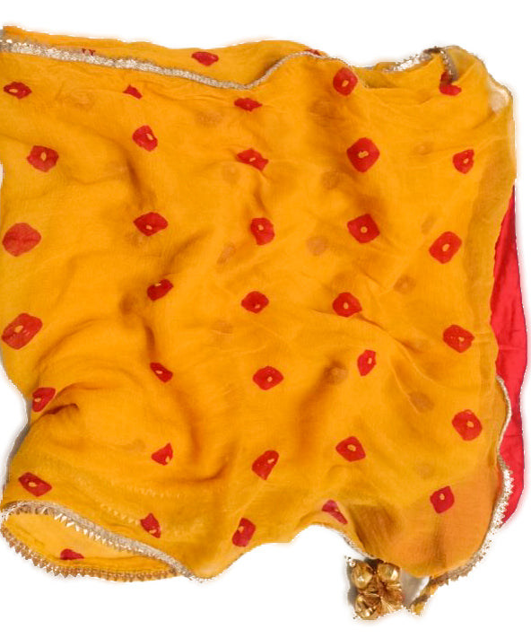 Yellow Red Bandhani Saree - KANHASAREE