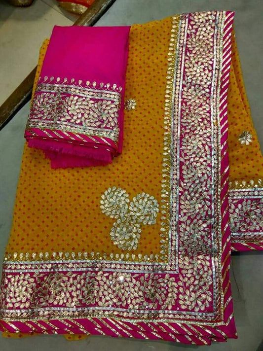 Yellow Leheriya Saree with Gota Patti - KANHASAREE