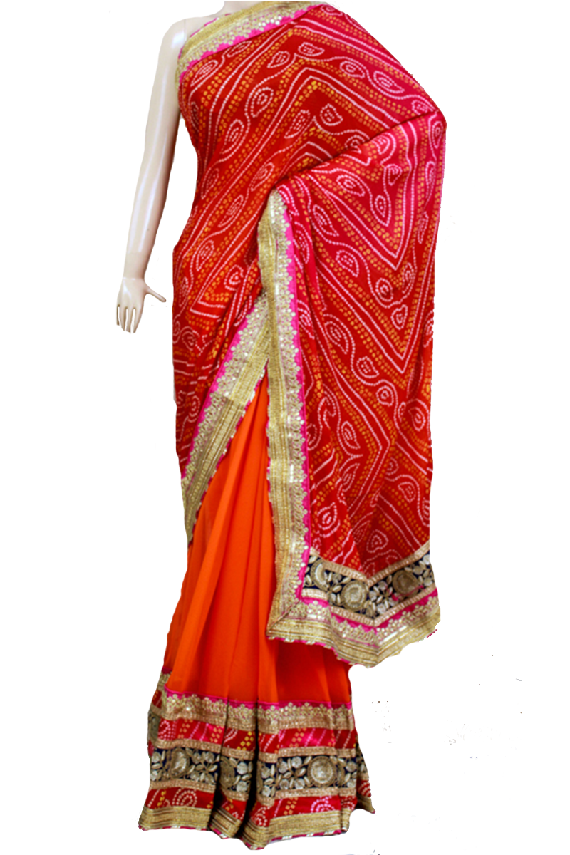 Half Bandhani Saree with Gota Work - KANHASAREE