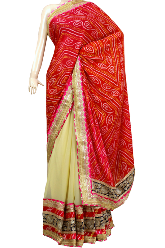 Half Bandhani Saree with Gota Work - KANHASAREE