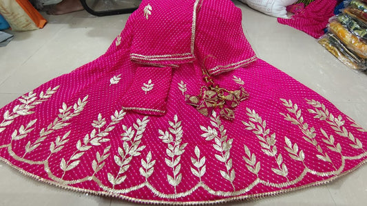Jaipuri Traditional Lehenga Set with Leheriya Modhra Print and Gotta Patti Work - KANHASAREE