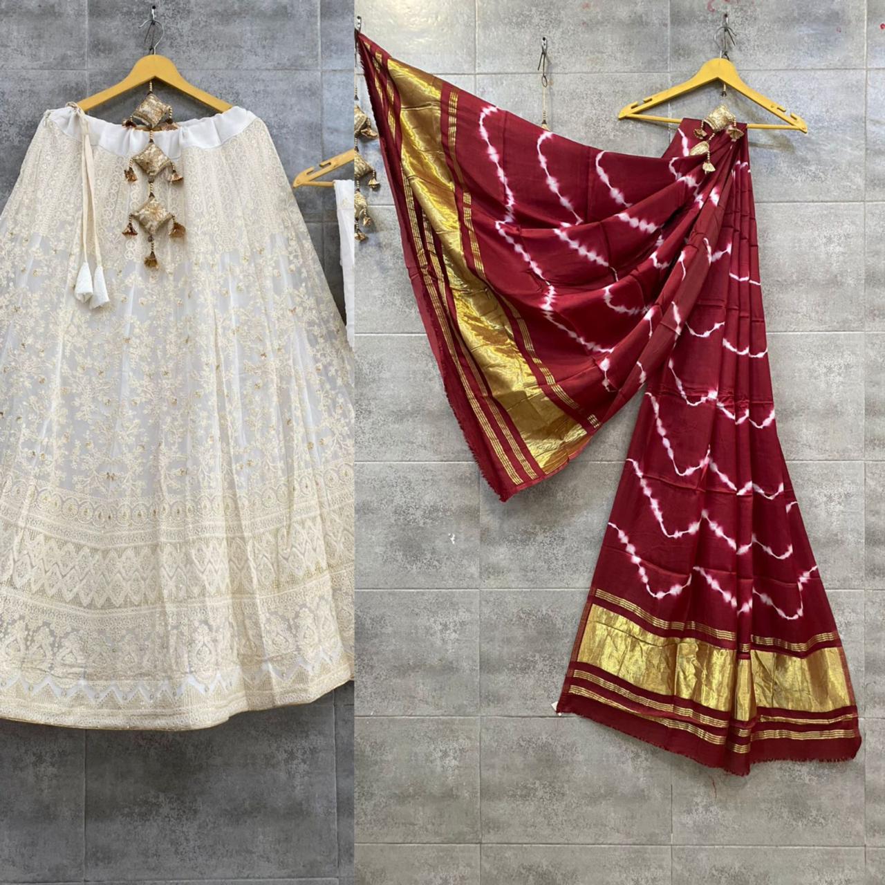 Lucknowi Cotton Lehenga Skirt with Shibori & Lagdi Patta Dupatta - KANHASAREE
