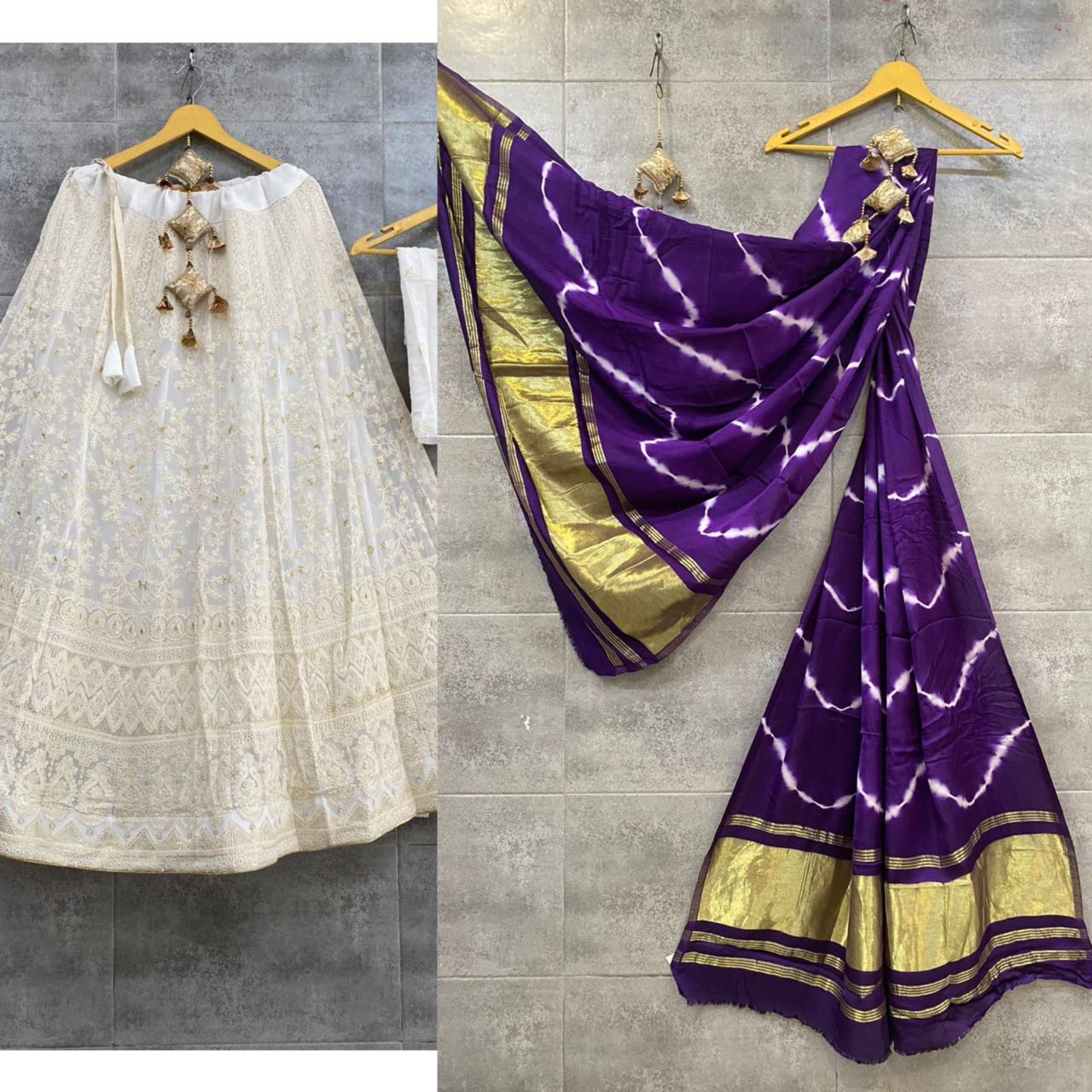 Lucknowi Cotton Lehenga Skirt with Shibori & Lagdi Patta Dupatta - KANHASAREE