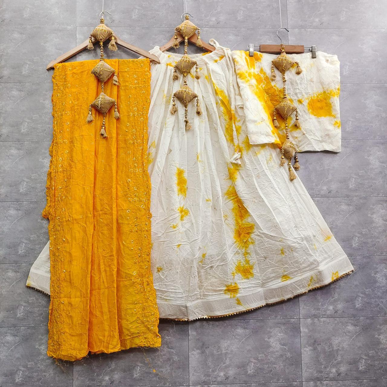 Cotton Silk Shibori dye Lehenga with Sequin Work and Lakhnavi Dupatta - KANHASAREE