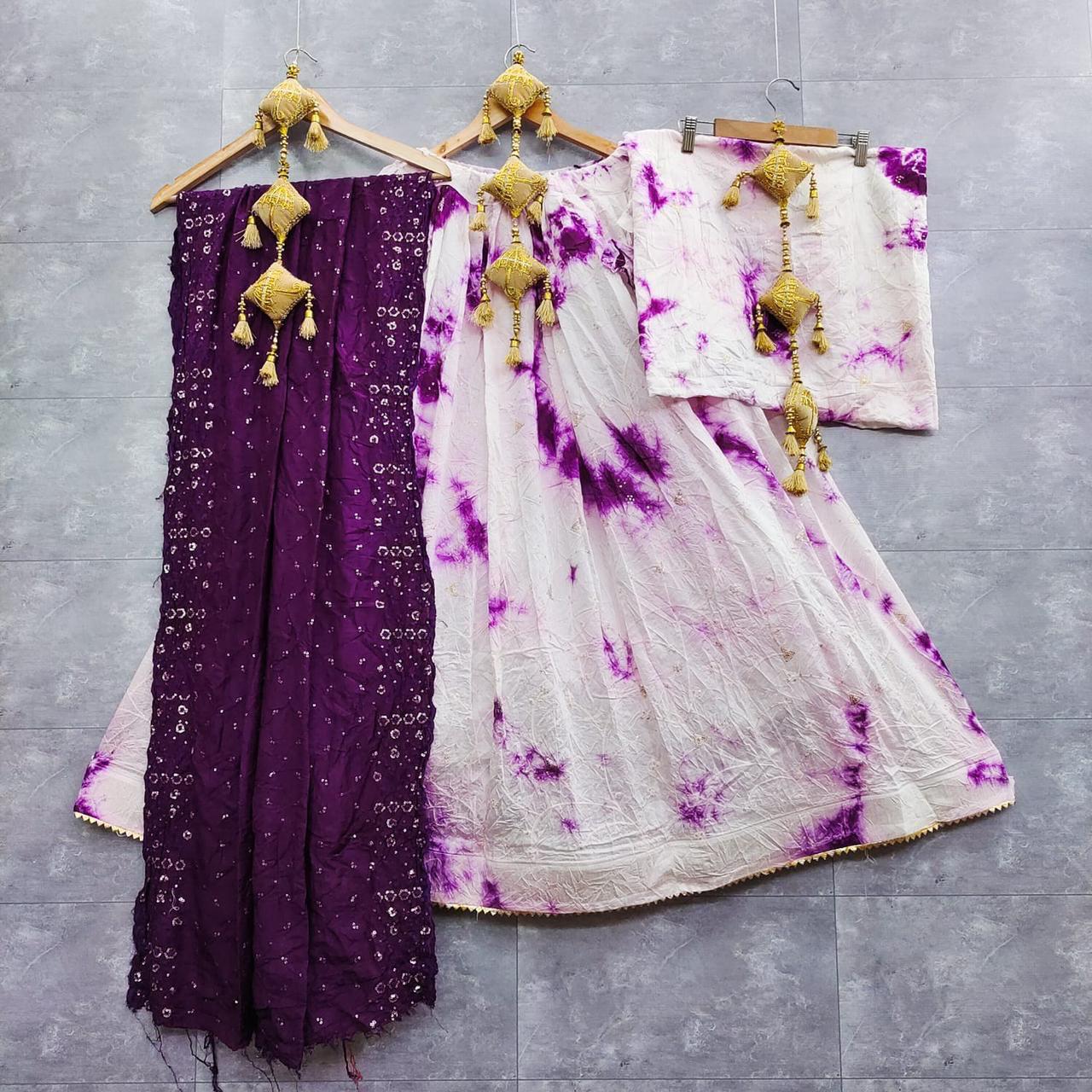 Cotton Silk Shibori dye Lehenga with Sequin Work and Lakhnavi Dupatta - KANHASAREE