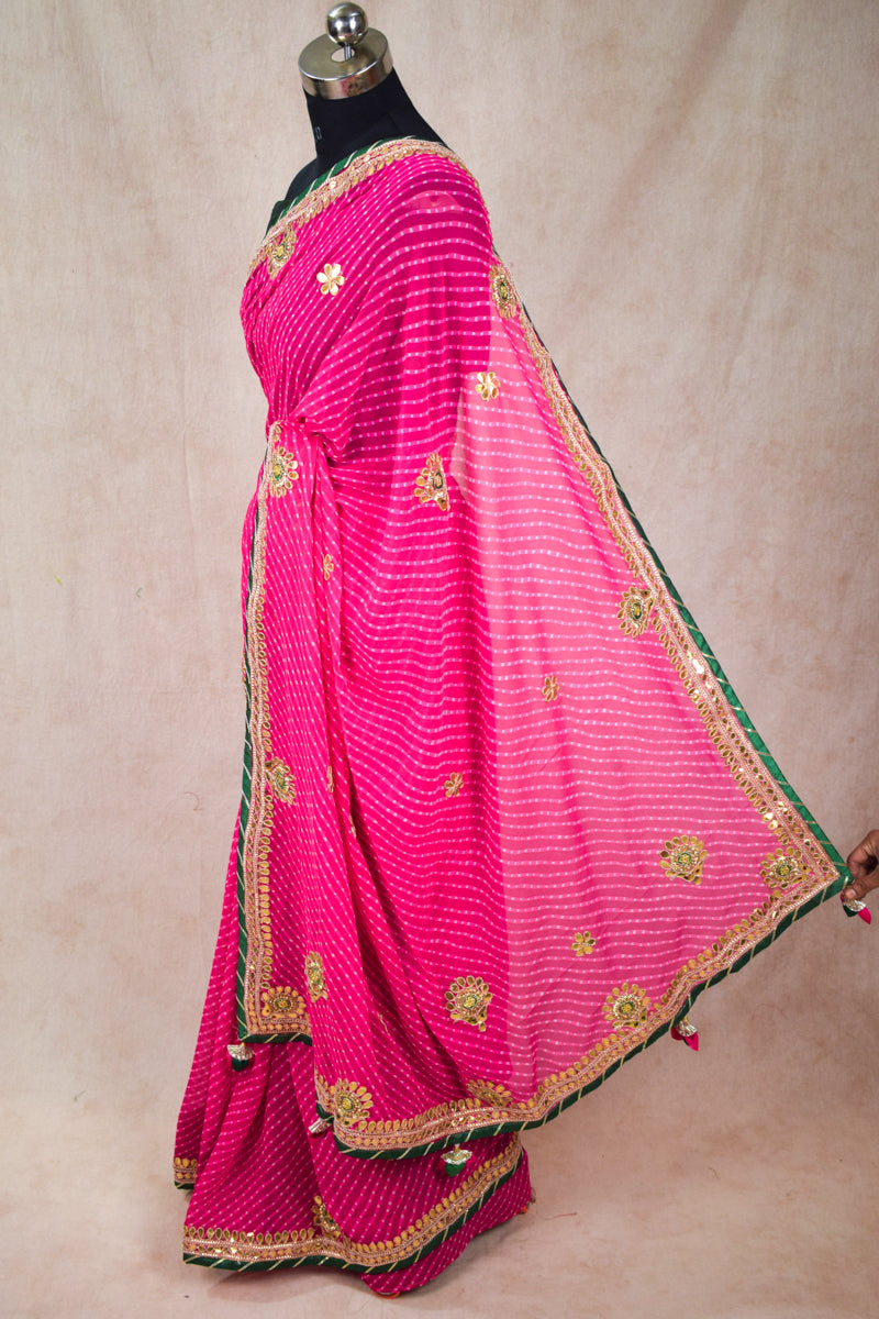 Pink leheriya mothra jaipuri handwork saree - KANHASAREE