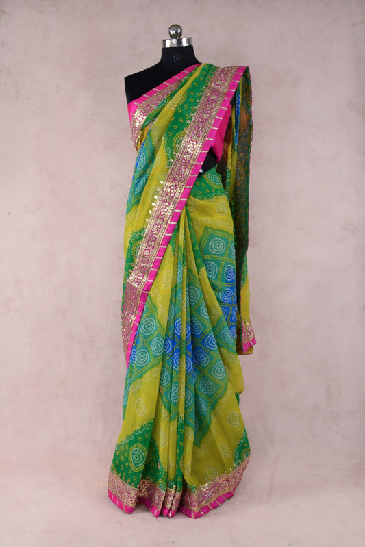 Multi Yellow Green color bandhej Saree - KANHASAREE