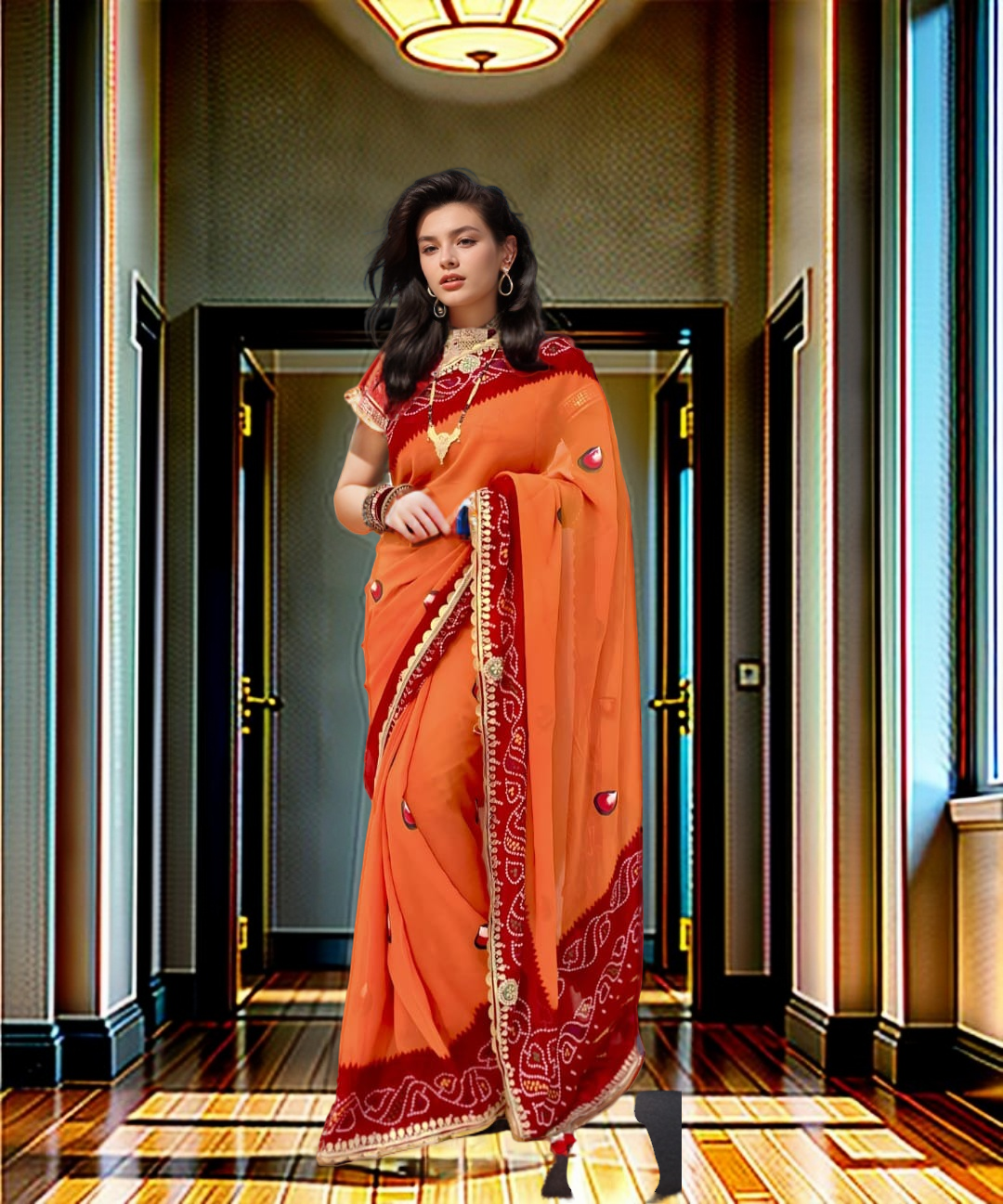 Georgette Pilliya Bandej Saree with Kundan Gota Patti Mix Work - KANHASAREE
