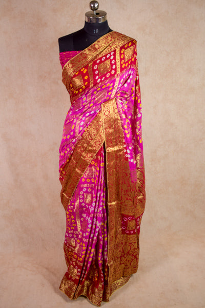 Fascinating Pink Red Gharchola Saree in Bandhani Print - KANHASAREE