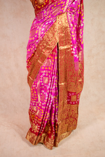 Fascinating Pink Red Gharchola Saree in Bandhani Print - KANHASAREE
