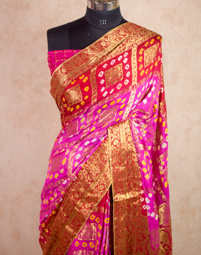 Fascinating Pink Red Gharchola Saree in Bandhani Print - KANHASAREE