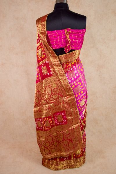 Fascinating Pink Red Gharchola Saree in Bandhani Print - KANHASAREE