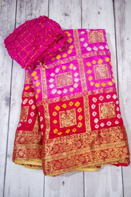 Fascinating Pink Red Gharchola Saree in Bandhani Print - KANHASAREE