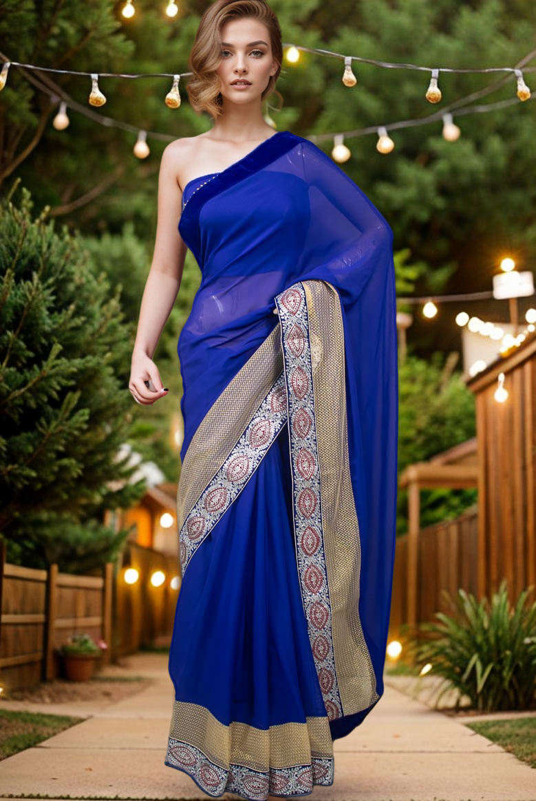 Pure Georgette Saree with Velvet & Peetan Work - KANHASAREE