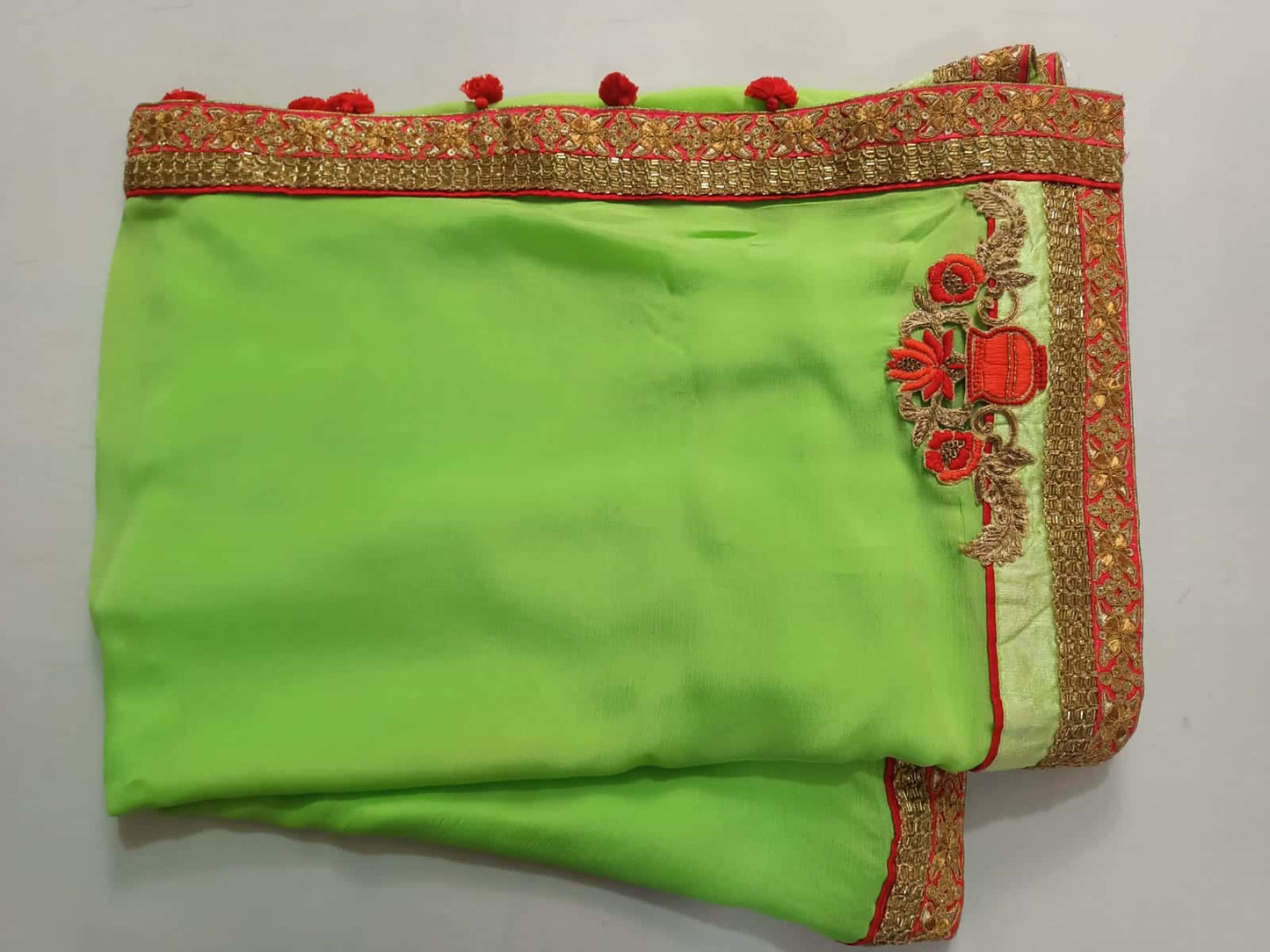 Beautiful Green Designer Saree with Zardozi and Kardhana Handwork border - KANHASAREE