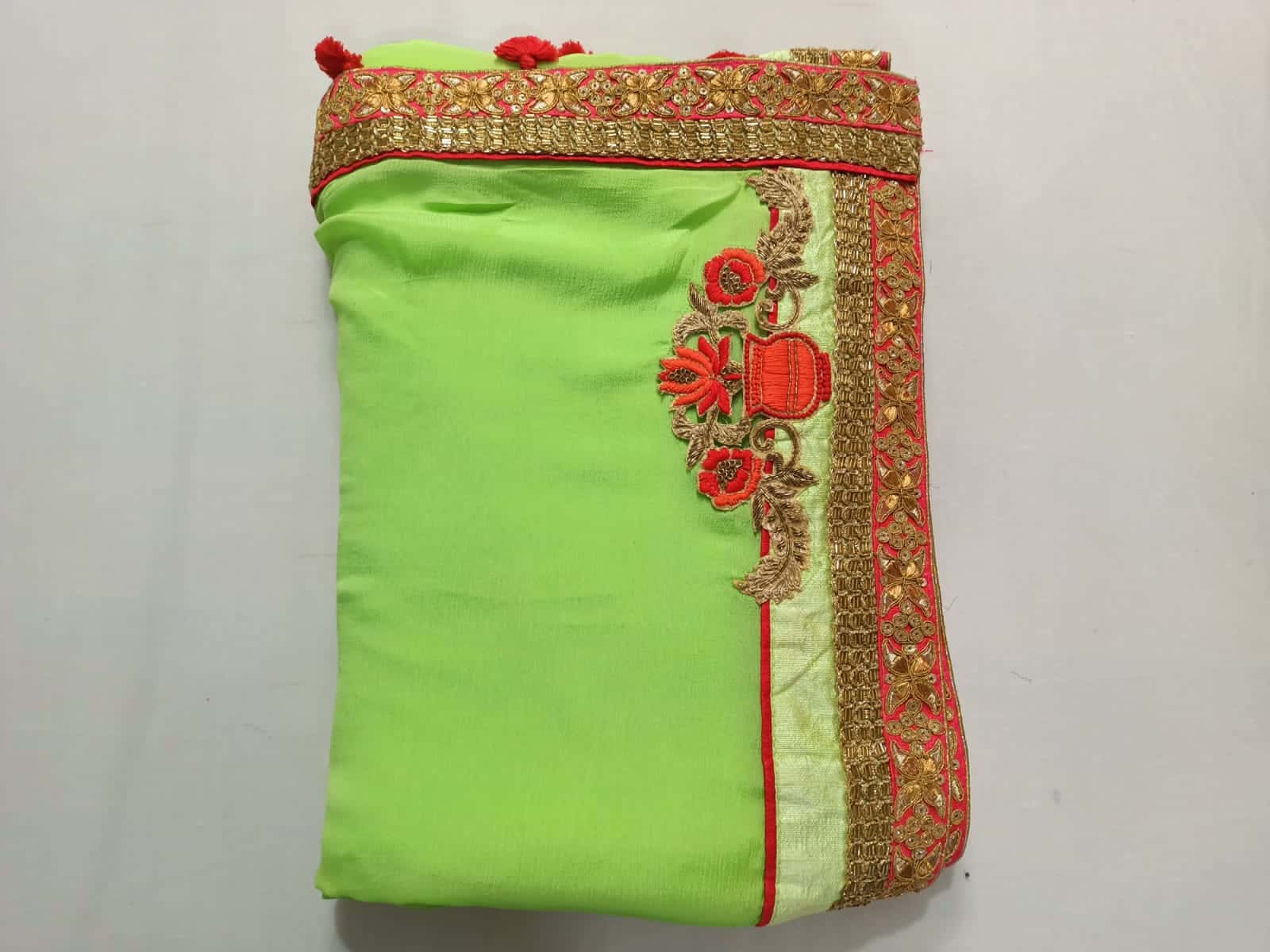 Beautiful Green Designer Saree with Zardozi and Kardhana Handwork border - KANHASAREE