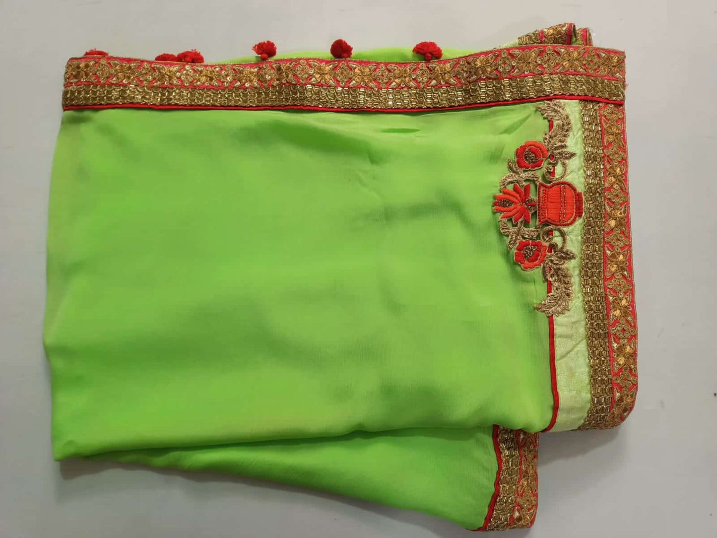 Beautiful Green Designer Saree with Zardozi and Kardhana Handwork border - KANHASAREE