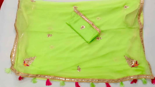 Green Pure Chiffon mirror work saree with gotta hand work - Kanhasarees by ksds