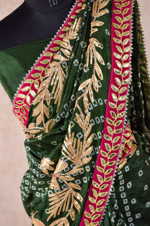 Beautiful Taffeta silk bandhani saree with charki gota work - KANHASAREE