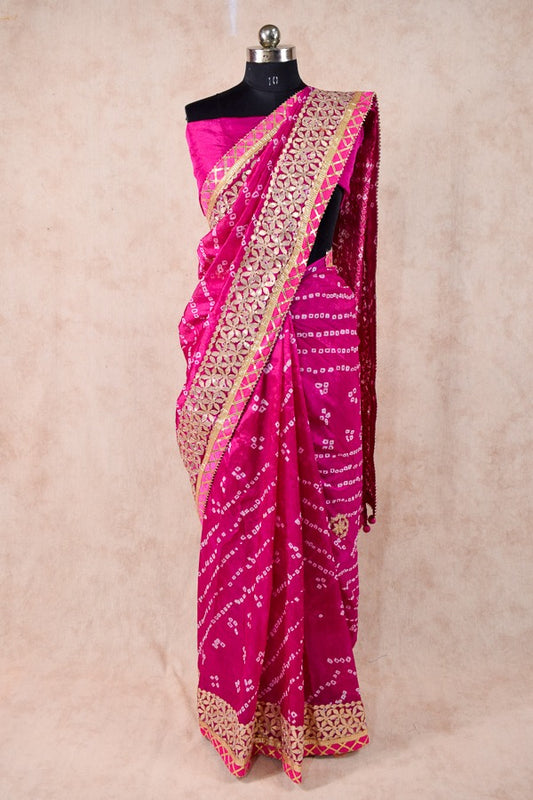 Beautiful Taffeta silk bandhani saree with gota patti work - KANHASAREE