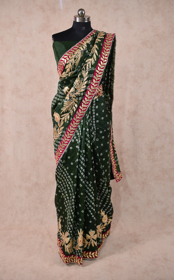 Beautiful Taffeta silk bandhani saree with charki gota work - KANHASAREE