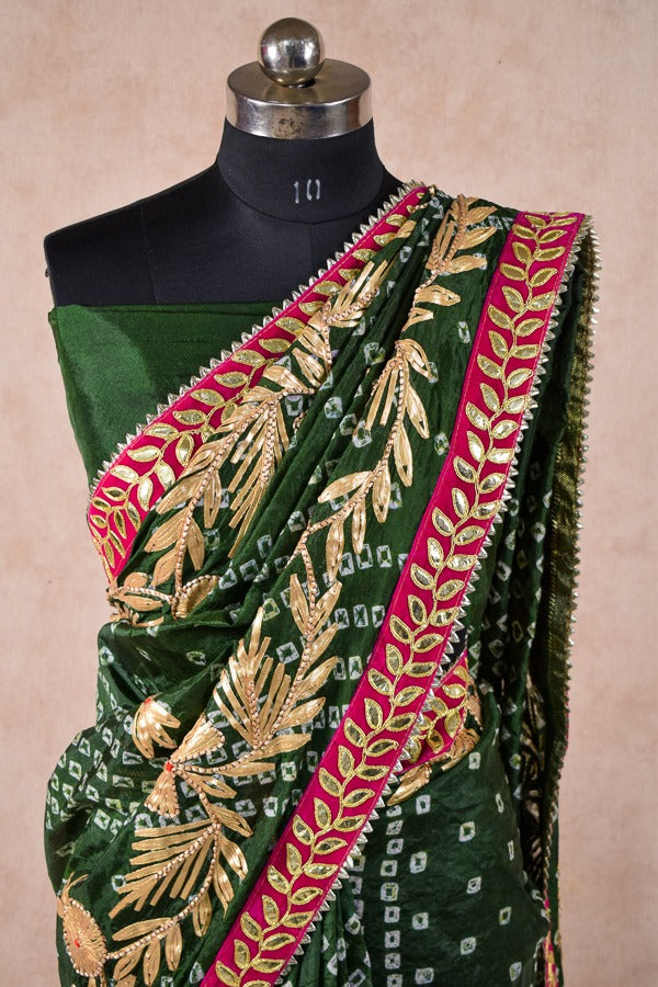 Beautiful Taffeta silk bandhani saree with charki gota work - KANHASAREE