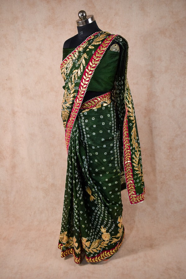 Beautiful Taffeta silk bandhani saree with charki gota work - KANHASAREE