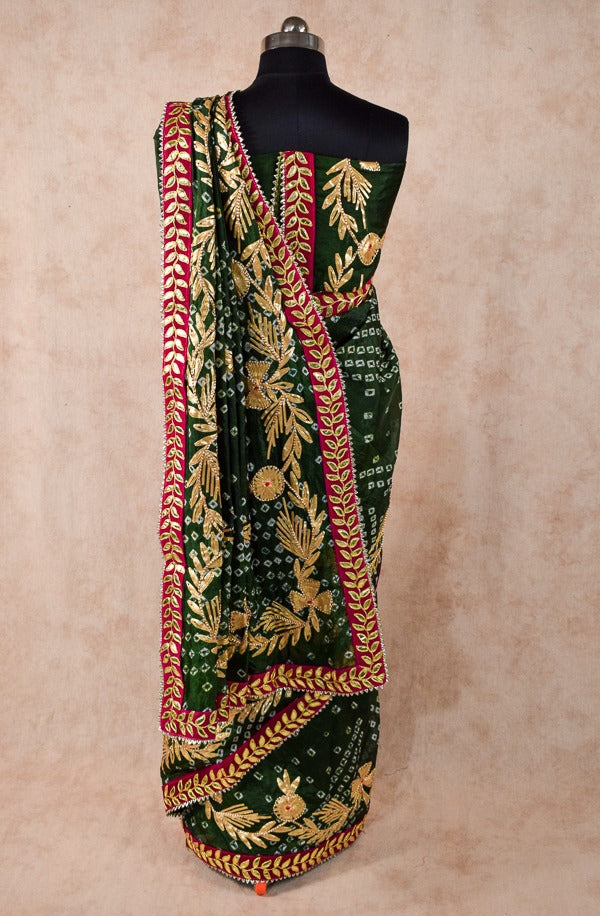 Beautiful Taffeta silk bandhani saree with charki gota work - KANHASAREE